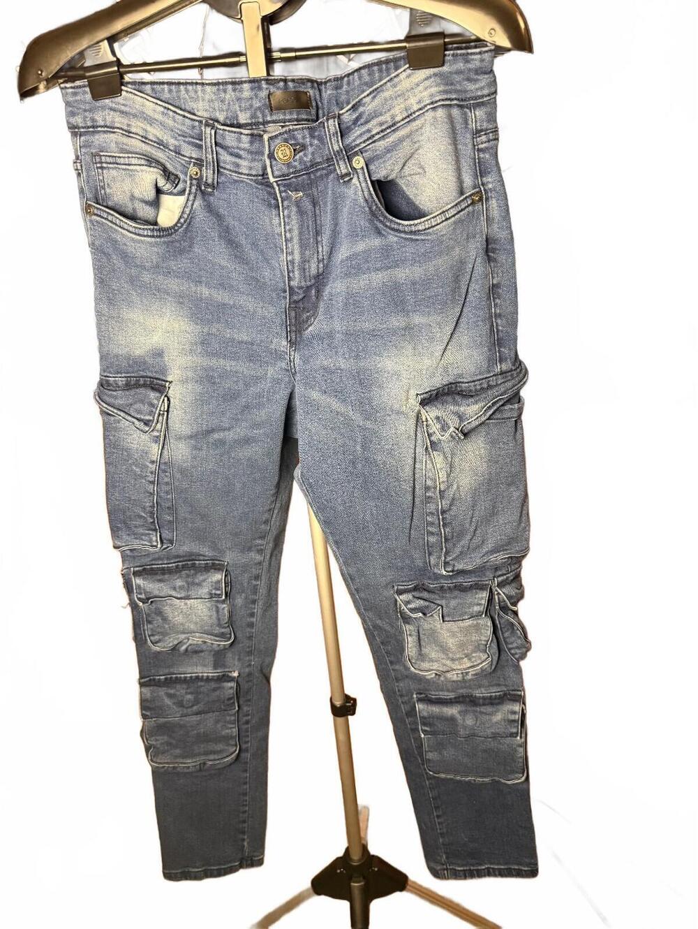Reason Blue Distressed Cargo Denim Jeans with Multiple Pockets sz 34